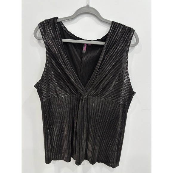 Tatoo Me Pleated Tank Top Y2K Black Metallic V-Neck Sleeveless 2XL Going Out - Picture 2 of 10